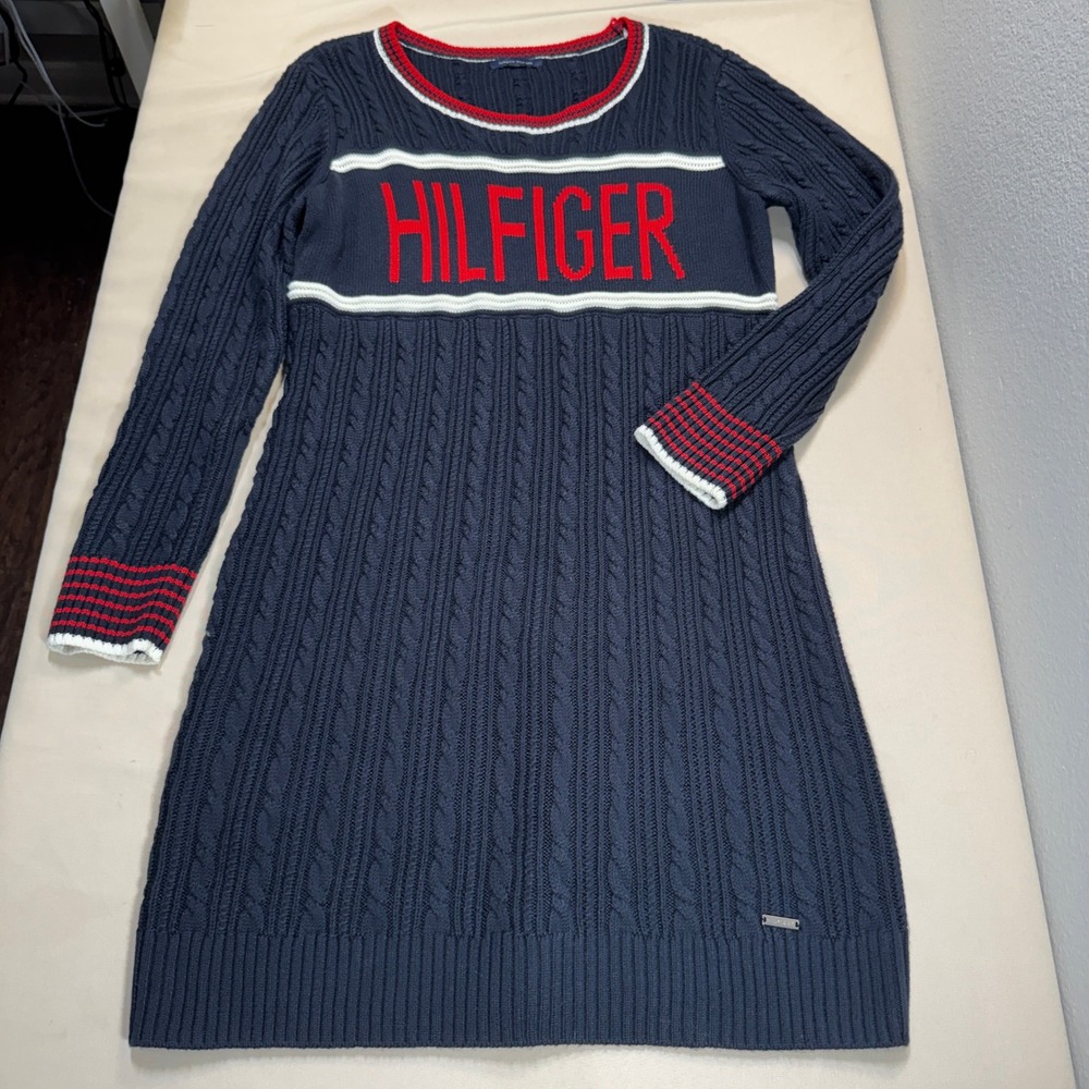 Tommy Hilfiger Navy Blue Cable Knit Varsity Sweater Dress M Missing Size Tag GUC